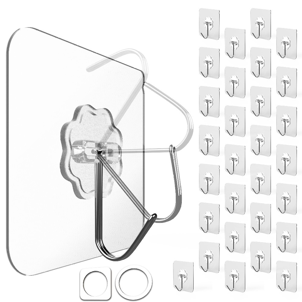 4smile Klebehaken extra stark, 30 Stück, 10 kg Klebehaken outdoor wetterfest, wasserdichte Haken selbstklebend, Wandhaken selbstklebend, transparent - Decke und Wand, Mehrzweck für Küche, Bad